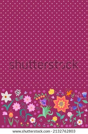 Seamless polka dot print for fabric with a floral border around the edge on a burgundy wine color background in vector. Natural pattern for fabric.