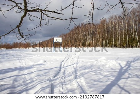 Beautiful winter landscape. White snow, a picturesque forest on the horizon, branches without leaves, a path, a basketball shield and gray clouds in the sky. Colorful nature on a sunny day.
