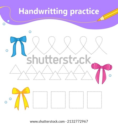 Handwriting practice. We learn the first letter of the string by dots. Set with colorful cute bows. Preschool education. Vector illustration in cartoon style.