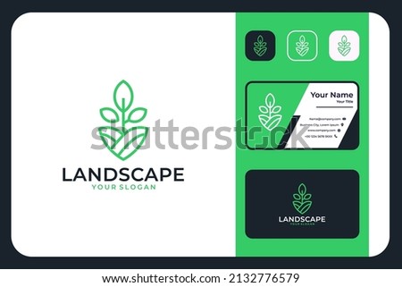 green landscape with tree leaf logo design and business card