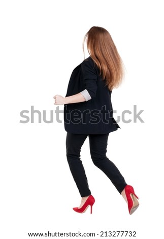 running business woman. back view. going young girl in  suit. Rear view people collection.  back side view of person.  Isolated over white background.