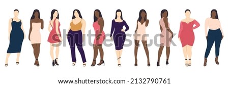 Women clothing vector set. Woman in jeans, short and medium dress. Female body illustration.