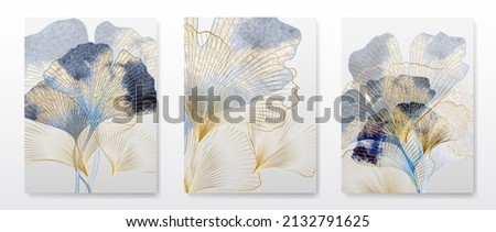 Luxury art background with blue and gold ginkgo leaves. Botanical poster with watercolor leaves in art line style for decor, design, wallpaper, packaging