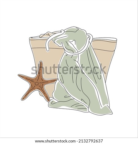 Hand drawn Beach bag with starfish and towel, summer sea illustration
