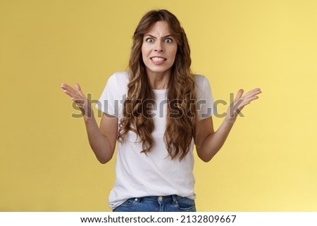 Intense pressured scary woman arguing pissed shaking hands dismay outraged frowning grimacing stare camera furious release anger complaining having fight fed up stupid boyfriend actions Royalty-Free Stock Photo #2132809667