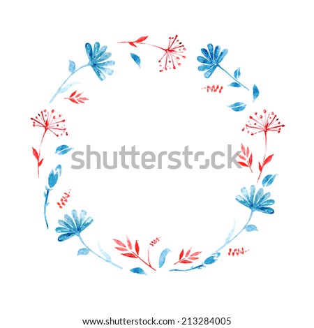 vector watercolor flower frame with blue and red flowers
