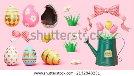 3d spring or Easter holiday decor elements isolated on pink background. Suitable for activity promo or website icons. Royalty-Free Stock Photo #2132848231