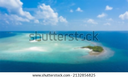 Aerial portrait of blue seascape and white sand island with green trees in blurred background