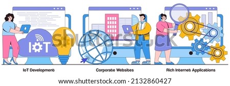 IoT development, corporate website, rich Internet applications concepts with people characters. IT services illustration pack. Web development, Internet of things, user interaction design metaphor.