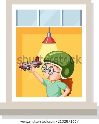 View through the window of a girl cartoon character illustration