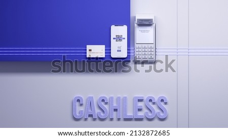 Cashless society. Payment terminal, credit card and smartphone linked with digital wireless. Global data transfer. Concept of financial transactions. Clipping path. 3D render.