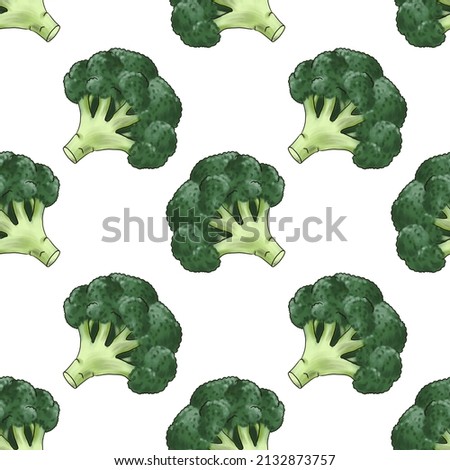 seamless pattern with drawing green broccoli, vegetables at white background, hand drawn illustration