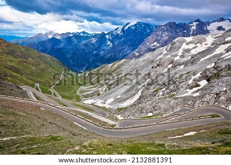 Stelvio mountain pass or Stilfser Joch scenic road serpentines view, border of Italy and Switzerland Royalty-Free Stock Photo #2132881391