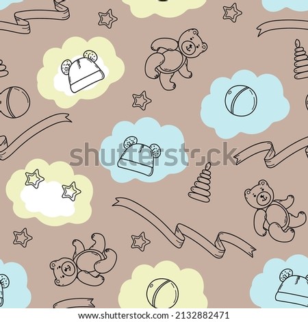 Seamless pattern of hand drawn baby BOY. Cartoon sketch style doodle for icon, banner. Elements little baby clothes.