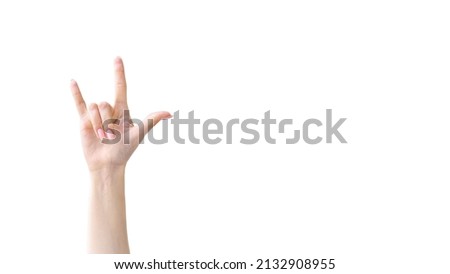 Rock gesture. Fan support. Fun greeting. Winner congratulation. Female hand showing joy horn sign isolated on white empty space advertising background.