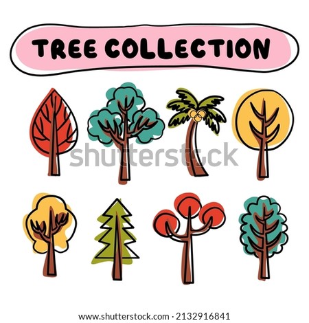 Tree collection. Abstract shapes. Doodle style. Contemporary Hand drawn. Minimalistic elegant concept. Vector
