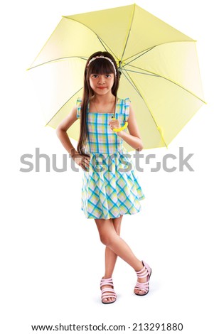 Little asian girl with umbrella, Isolated over white