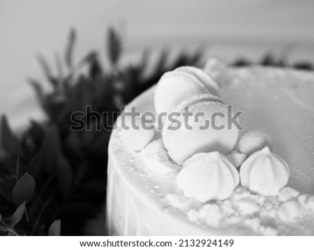 Macaroons on top of the white cake. Eucalyptus garland. Black and white picture. Close-up shot. 