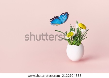 Life Easter concept. Green sprouts and spring flowers in white egg on pink background, copy space