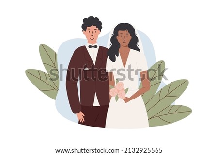 A groom and bride holding flower bouquet. Interracial married couple. Newlywed couple of man and woman. Romantic marriage of love partners. Husband in suit, wife in wedding dress. Vector illustration Royalty-Free Stock Photo #2132925565