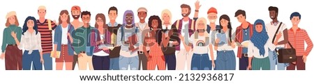 Diverse college, university students standing in line. Group of young people, multicultural men and women. Multinational couples, students of educational institution, university with books and laptops Royalty-Free Stock Photo #2132936817