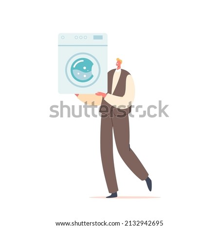 Male Character Carry Washing Machine Isolated on White Background. Graphic Designer or Electronic Store Promoter, Salesman Presenting Home Appliances. Cartoon People Vector Illustration