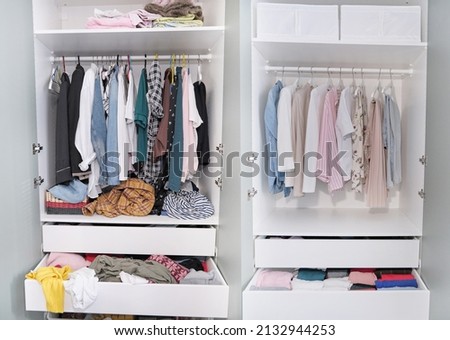 Before untidy and after tidy wardrobe. closet and nicely arranged clothes in piles and boxes after the revision and organization. Messy clothes thrown on a shelf and nicely arranged clothes in piles. Royalty-Free Stock Photo #2132944253