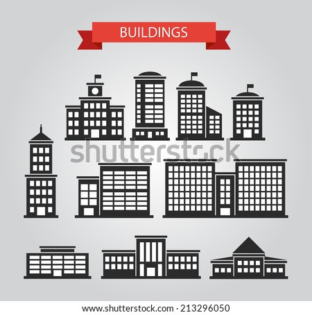 Set of vector flat design buildings pictograms