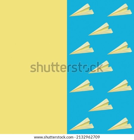 On a blue background, a pattern of yellow paper planes, origami. Close-up wallpaper and yellow background.