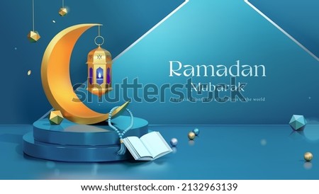 3d Ramadan evening concept scene design. Crescent moon decor displayed on podium with Quran book, rosary and polyhedron shapes. Suitable for Islamic holiday promo. Royalty-Free Stock Photo #2132963139