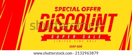 Discount banner or coupon template with special offer. Sale promotion on weekend, holiday or season website header vector illustration. Clearance advertising message. Business and ecommerce