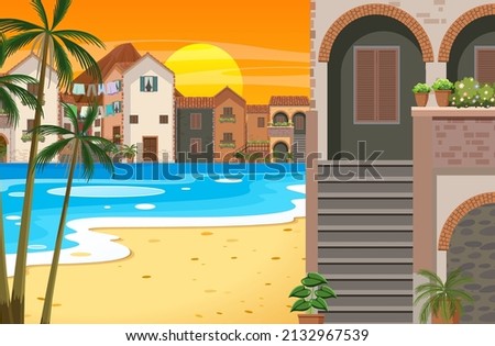 Scene with buildings by the beach illustration