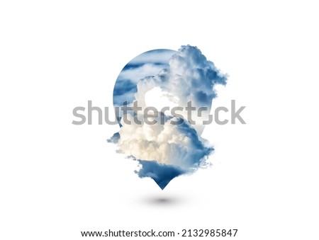 Clouds forming a location pin symbol. Photo manipulation. Concept design for themes like destination, travel, location and more. On white background  Royalty-Free Stock Photo #2132985847