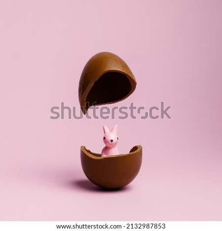 Chocolate Easter egg broken in half with cute bunny on pastel pink background with creative copy space. Minimal Easter holiday concept. Advertisement or sale banner idea. Royalty-Free Stock Photo #2132987853