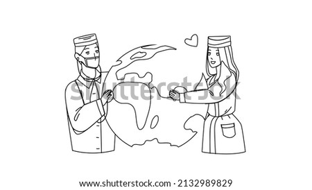 World Health Day Doctors Celebrate Holiday Black Line Pencil Drawing Vector. Man And Woman Hospital Workers Celebrating Worldwide Health Day Together. Characters Healthcare Job Celebration