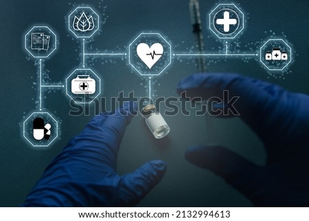 Vaccine vial with futuristic interface. Medical network technology concept.
