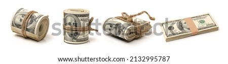Many bundle of US 100 dollars bank notes isolated on white background  Royalty-Free Stock Photo #2132995787