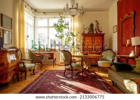 Living room full of antique furnitre, house interior design Royalty-Free Stock Photo #2133006775