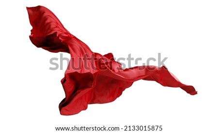 3d render, abstract red fabric falls down. Fashion clip art isolated on white background. Silk scarf flies away