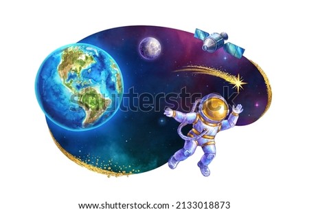 watercolor illustration. Curvy shape cosmic sticker with Earth planet, moon, spaceman, golden comet and satellite. Space clip art isolated on white background