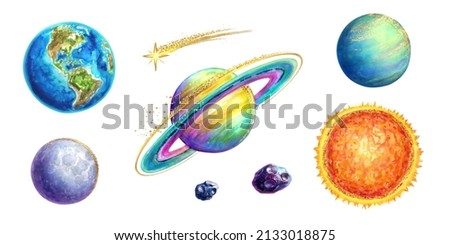 watercolor illustration, planetarium clip art, space elements collection. Set of solar system planets Moon Earth Saturn asteroids and stars isolated on white background