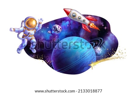 watercolor illustration. Curvy shape cosmic sticker with spaceman, rocket, planet and golden comet. Space clip art isolated on white background