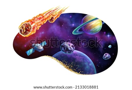 watercolor illustration. Curvy shape cosmic sticker with stars, planets, burning asteroids and satellite. Space clip art isolated on white background