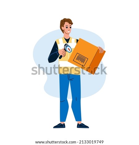 Deliverer Scanning Barcode On Carton Box Vector. Delivery Man Scanning Barcode With Laser Scanner Device On Cardboard. Character Checking Packaging Information Flat Cartoon Illustration