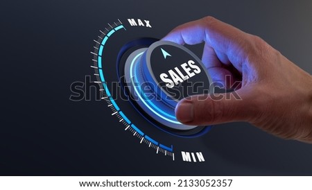 Increase sales volume, profit and revenue concept. Successful marketing strategy improving lead conversion. Business person turning knob to maximum income. Growth boost. Royalty-Free Stock Photo #2133052357