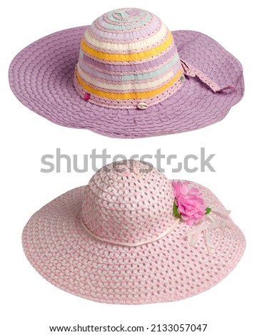 two woman  hats isolated on white background .Women's beach hat . colorful hat .