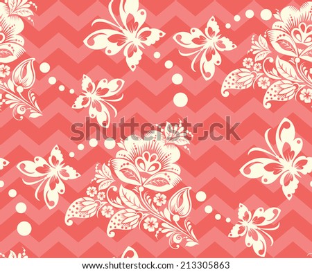 Vector Seamless Repeating zigzag Background - Chevron flower butterfly pattern. pink and yellow