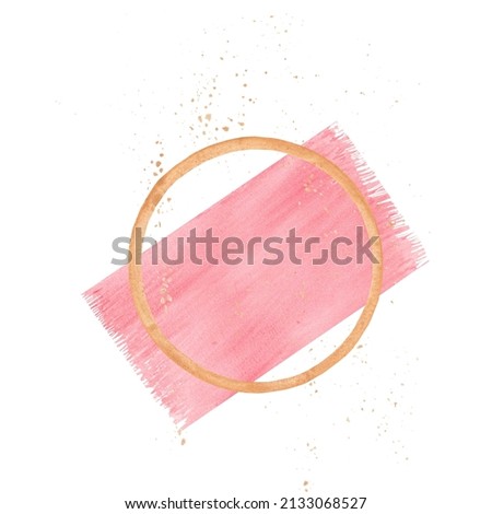 Round gold and black frame on pink and gold watercolor background. Watercolor abstract background illustration for text