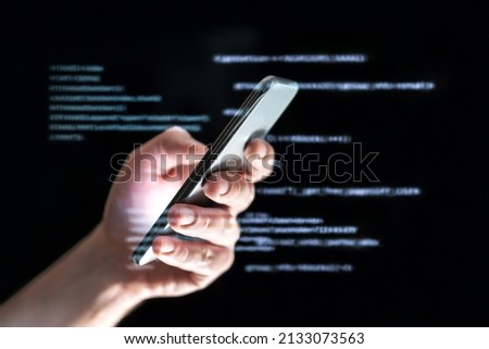 Data hacker or catfish using sms texting. Text message phone fraud or scam. Online chatbot or tech support forum. Secret darkweb conversation. Smartphone identity theft by scammer. Royalty-Free Stock Photo #2133073563