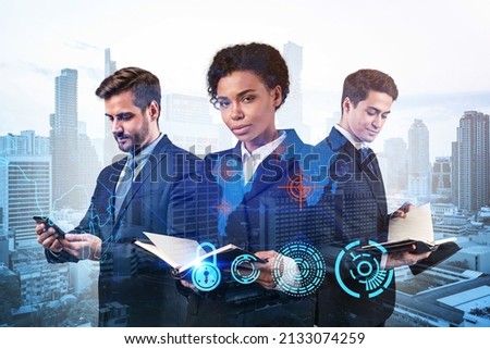Group of business colleagues as a part of multinational corporate team working on project to protect clients information at cybersecurity compliance division. IT lock icons over Bangkok